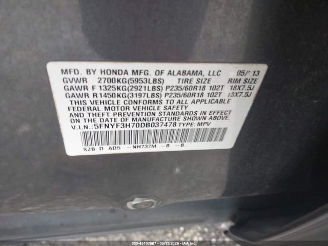 45107607 :رقم المزاد ، 5FNYF3H70DB037478 vin ، 2013 Honda Pilot Ex-l مزاد بيع