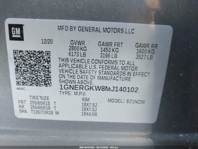 Aukcja sprzedaży 2021 Chevrolet Traverse Fwd Lt Cloth, vin: 1GNERGKW8MJ140102, numer aukcji: 45107620