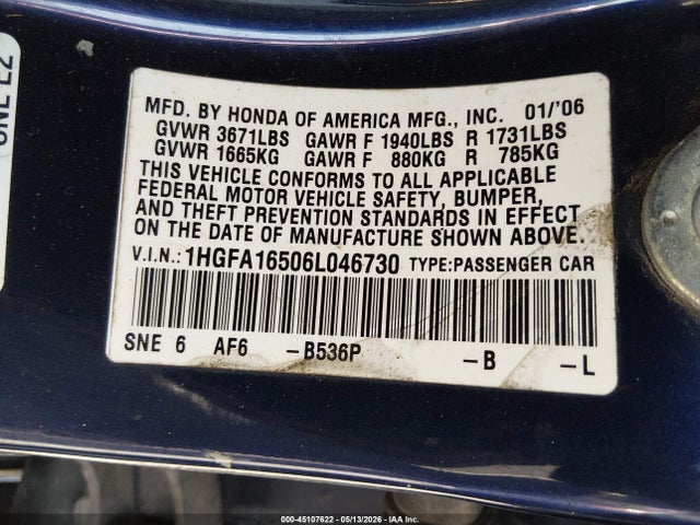 Продаж на аукціоні авто 2006 Honda Civic Lx, vin: 1HGFA16506L046730, номер лоту: 45107622