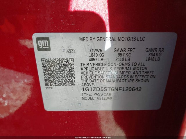 Aukcja sprzedaży 2022 Chevrolet Malibu Fwd Lt, vin: 1G1ZD5ST6NF120642, numer aukcji: 45107634