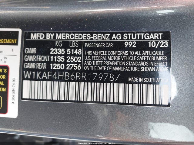 45107635 :رقم المزاد ، W1KAF4HB6RR179787 vin ، 2024 Mercedes-benz C 300 مزاد بيع