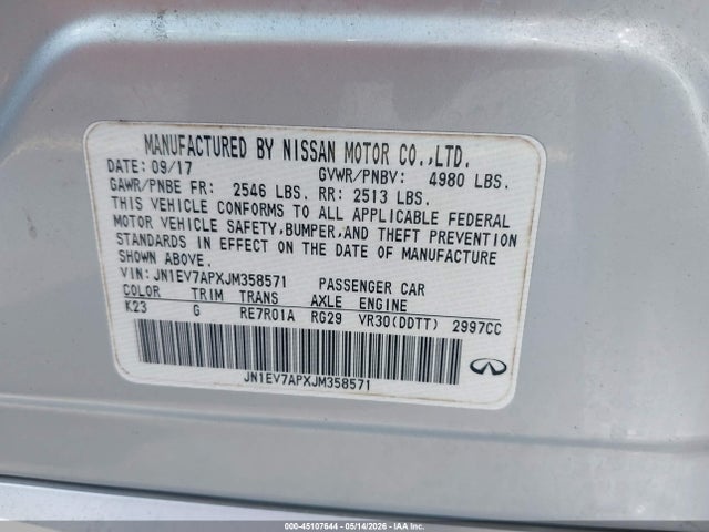 Продажа на аукционе авто 2018 Infiniti Q50 3.0t Sport, vin: JN1EV7APXJM358571, номер лота: 45107644