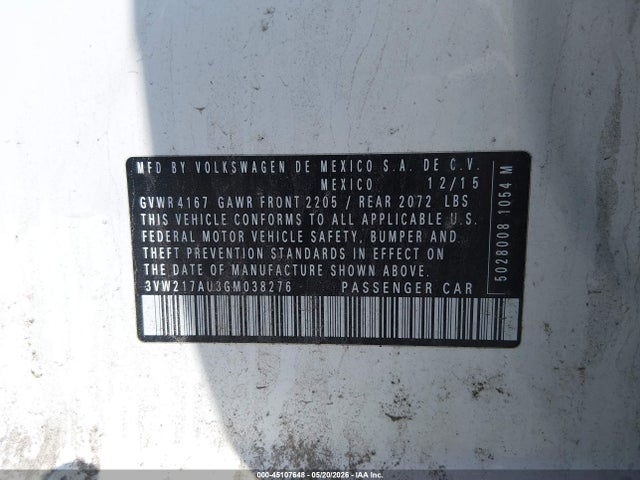 Продаж на аукціоні авто 2016 Volkswagen Golf Tsi S 4-door, vin: 3VW217AU3GM038276, номер лоту: 45107648