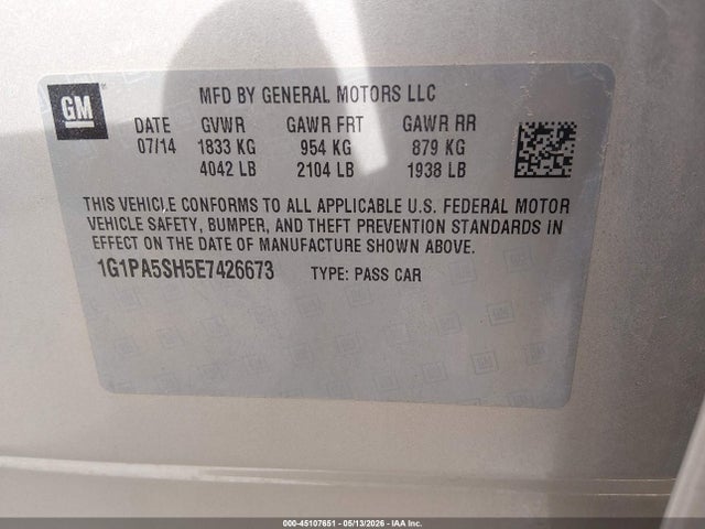 Продаж на аукціоні авто 2014 Chevrolet Cruze Ls Auto, vin: 1G1PA5SH5E7426673, номер лоту: 45107651