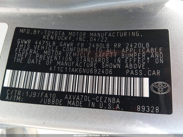 45107654 :رقم المزاد ، 4T1C11AK6NU692406 vin ، 2022 Toyota Camry Le مزاد بيع