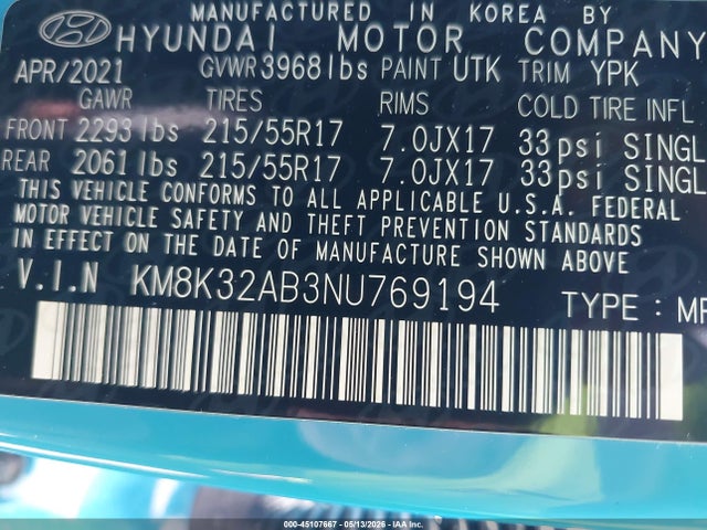 Aukcja sprzedaży 2022 Hyundai Kona Sel, vin: KM8K32AB3NU769194, numer aukcji: 45107667