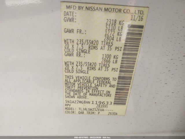 Продажа на аукционе авто 2017 Nissan Murano Platinum, vin: 5N1AZ2MG8HN119633, номер лота: 45107693
