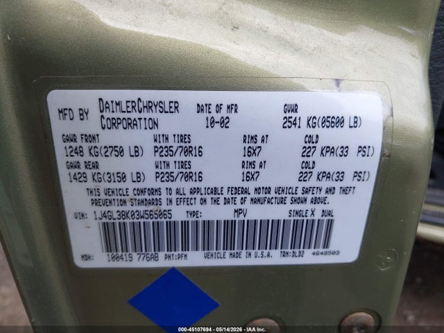 2003 Jeep Liberty Renegade მანქანა იყიდება აუქციონზე, vin: 1J4GL38K03W565065, აუქციონის ნომერი: 45107694