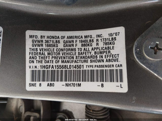 Продажа на аукционе авто 2008 Honda Civic Lx, vin: 1HGFA15568L014501, номер лота: 45107702