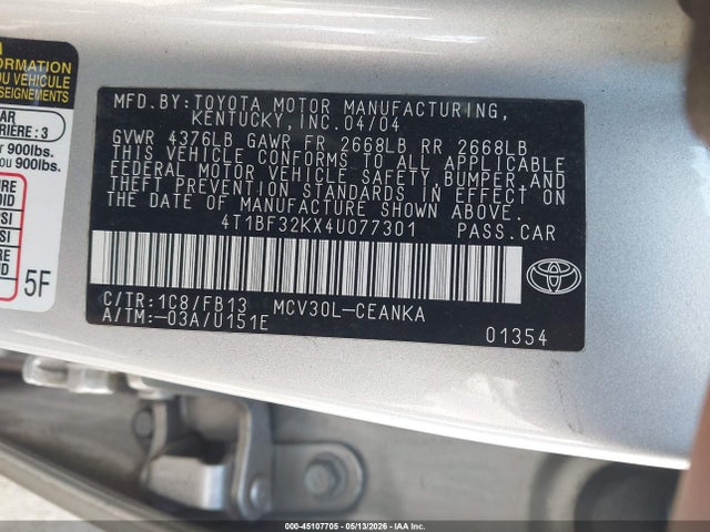2004 Toyota Camry Le V6 მანქანა იყიდება აუქციონზე, vin: 4T1BF32KX4U077301, აუქციონის ნომერი: 45107705