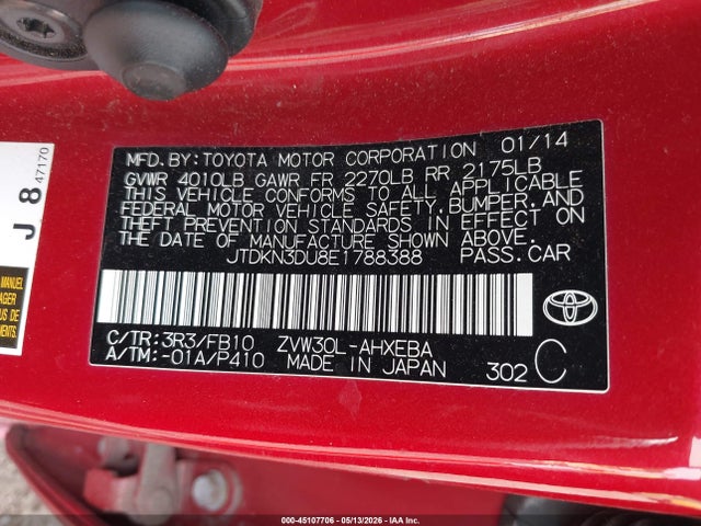 45107706 :رقم المزاد ، JTDKN3DU8E1788388 vin ، 2014 Toyota Prius Two مزاد بيع