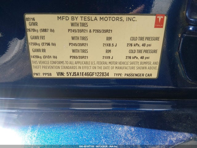 Продаж на аукціоні авто 2016 Tesla Model S 90d/p100d/p85d/p90d, vin: 5YJSA1E46GF122834, номер лоту: 45107708