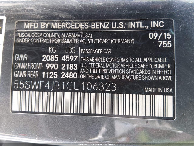 Aukcja sprzedaży 2016 Mercedes-benz C 300, vin: 55SWF4JB1GU106323, numer aukcji: 45107709