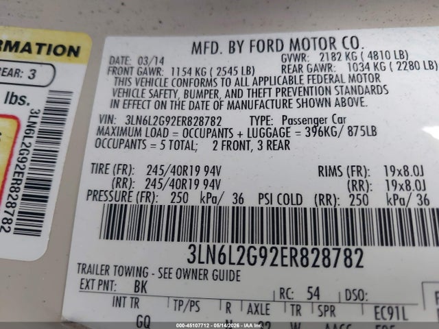 45107712 :رقم المزاد ، 3LN6L2G92ER828782 vin ، 2014 Lincoln Mkz مزاد بيع