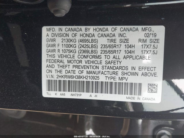 45107725 :رقم المزاد ، 2HKRW6H38KH210925 vin ، 2019 Honda Cr-v Lx مزاد بيع