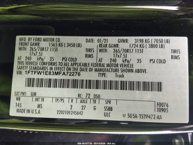Aukcja sprzedaży 2021 Ford F-150 Xlt, vin: 1FTFW1E83MFA72276, numer aukcji: 45107730