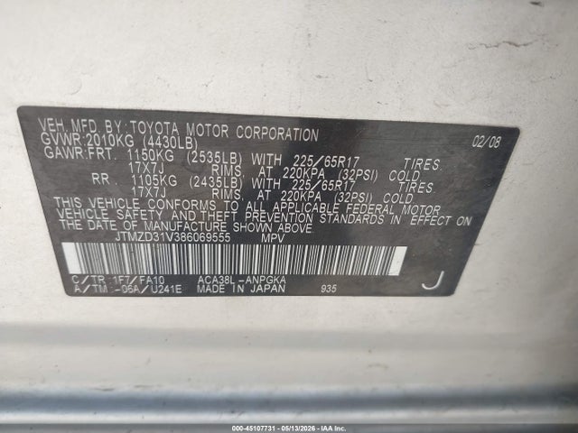 Aukcja sprzedaży 2008 Toyota Rav4 Limited, vin: JTMZD31V386069555, numer aukcji: 45107731