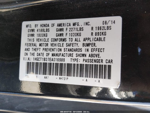 45107735 :رقم المزاد ، 1HGCT1B37EA016989 vin ، 2014 Honda Accord Lx-s مزاد بيع