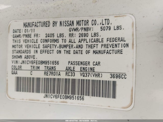 Aukcja sprzedaży 2011 Infiniti G37, vin: JN1CV6FE0BM951656, numer aukcji: 45107754