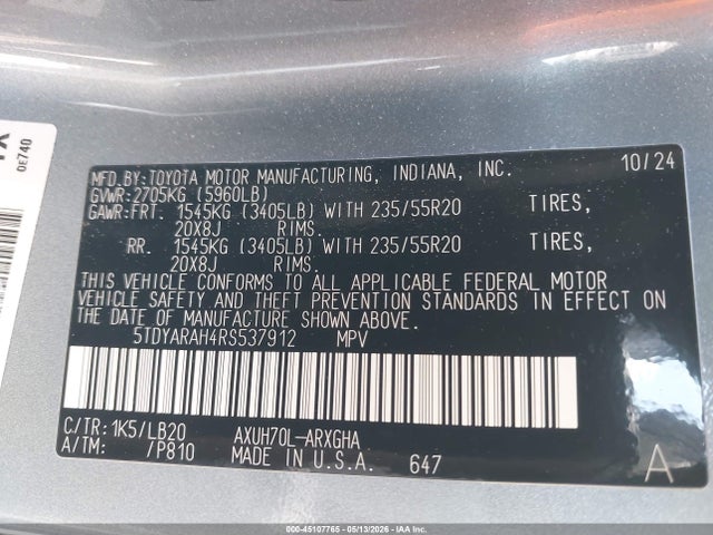 2024 Toyota Highlander Hybrid Limited მანქანა იყიდება აუქციონზე, vin: 5TDYARAH4RS537912, აუქციონის ნომერი: 45107765