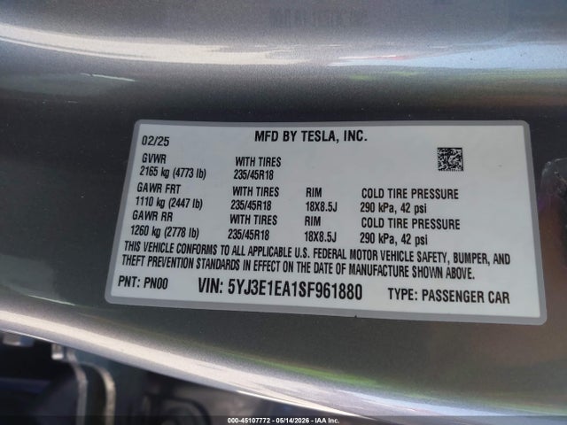 45107772 :رقم المزاد ، 5YJ3E1EA1SF961880 vin ، 2025 Tesla Model 3 Long Range Rear-wheel Drive/standard Rear-wheel Drive مزاد بيع