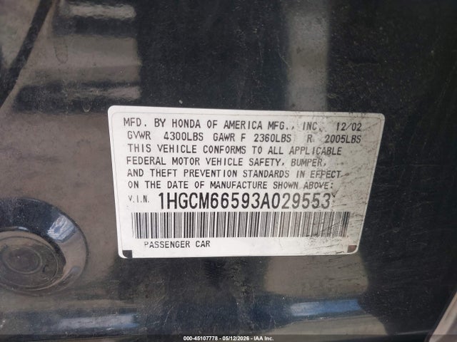 Продажа на аукционе авто 2003 Honda Accord 3.0 Ex, vin: 1HGCM66593A029553, номер лота: 45107778