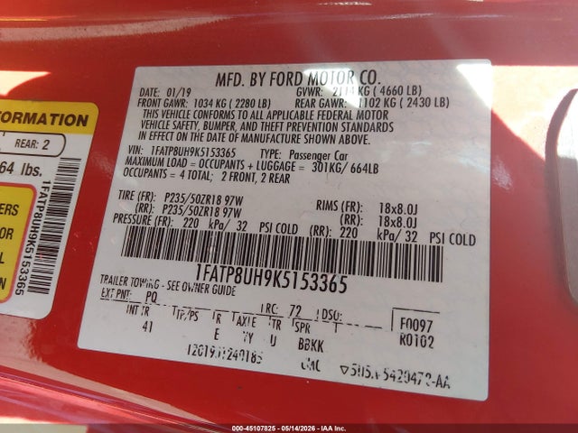 Aukcja sprzedaży 2019 Ford Mustang Ecoboost Premium, vin: 1FATP8UH9K5153365, numer aukcji: 45107825