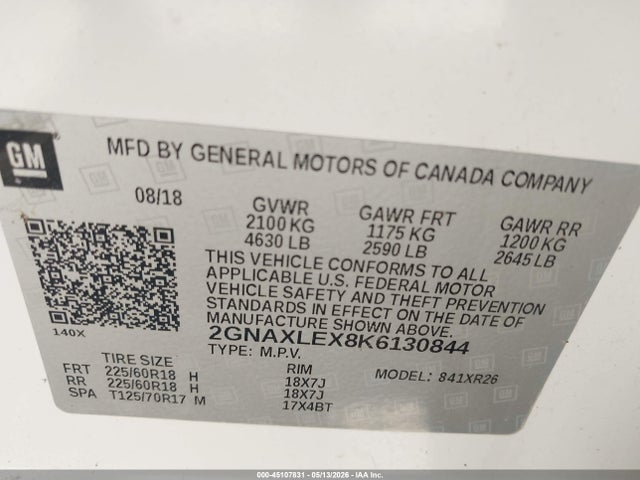 2GNAXLEX8K6130844 Chevrolet EQUINOX LT