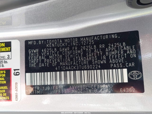 2026 Toyota Camry Le მანქანა იყიდება აუქციონზე, vin: 4T1DAACK3TU690224, აუქციონის ნომერი: 45107839