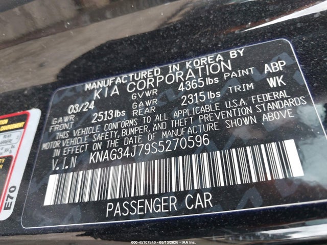 Aukcja sprzedaży 2025 Kia K5 Ex, vin: KNAG34J79S5270596, numer aukcji: 45107840
