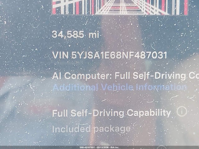 45107851 :رقم المزاد ، 5YJSA1E68NF487031 vin ، 2022 Tesla Model S Plaid Tri Motor All-wheel Drive مزاد بيع