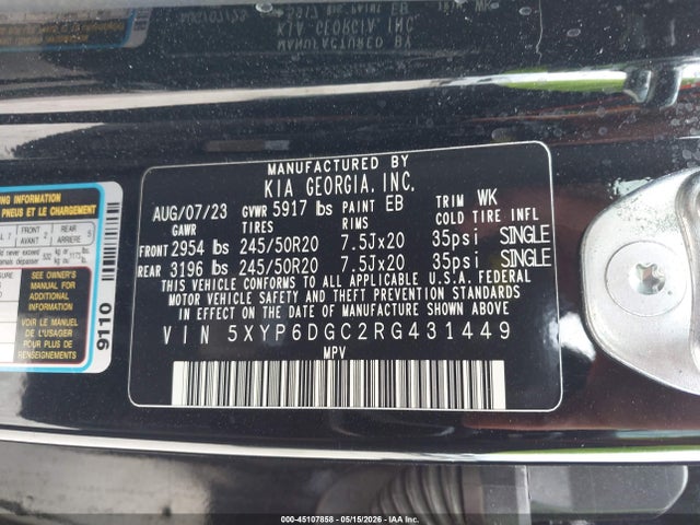 45107858 :رقم المزاد ، 5XYP6DGC2RG431449 vin ، 2024 Kia Telluride S مزاد بيع
