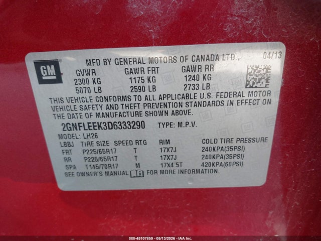Aukcja sprzedaży 2013 Chevrolet Equinox 1lt, vin: 2GNFLEEK3D6333290, numer aukcji: 45107859