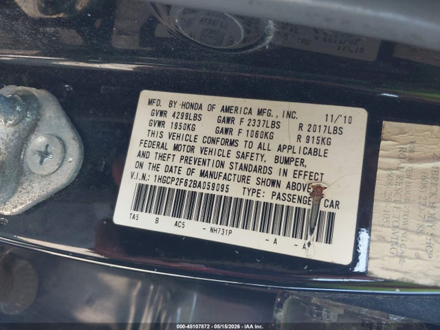45107872 :رقم المزاد ، 1HGCP2F62BA059095 vin ، 2011 Honda Accord 2.4 Se مزاد بيع