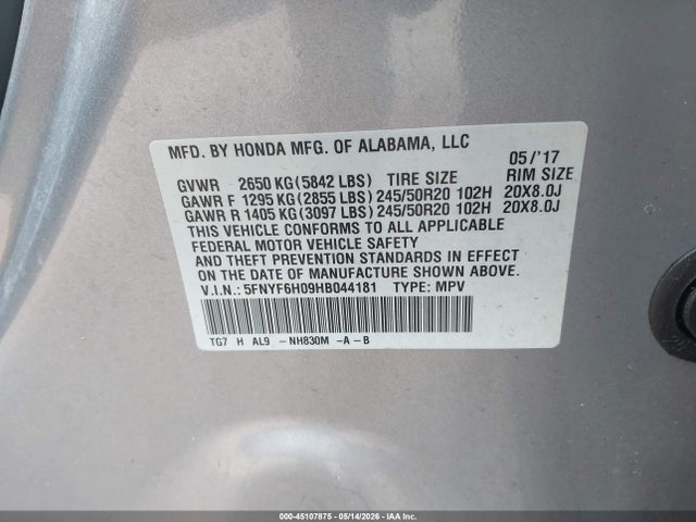 45107875 :رقم المزاد ، 5FNYF6H09HB044181 vin ، 2017 Honda Pilot Elite مزاد بيع