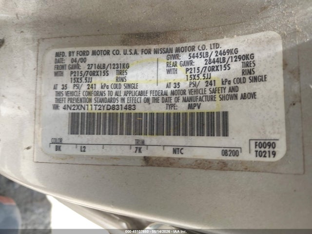45107880 :رقم المزاد ، 4N2XN11T2YD831483 vin ، 2000 Nissan Quest Gle/gxe/se-cloth/se-leather مزاد بيع