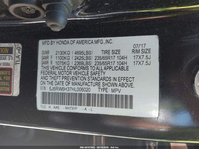 Aukcja sprzedaży 2017 Honda Cr-v Lx, vin: 5J6RW6H37HL006020, numer aukcji: 45107882