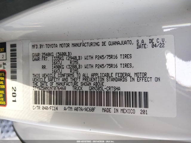 3TYSZ5AN1NT076468 Toyota Tacoma Sr5 V6
