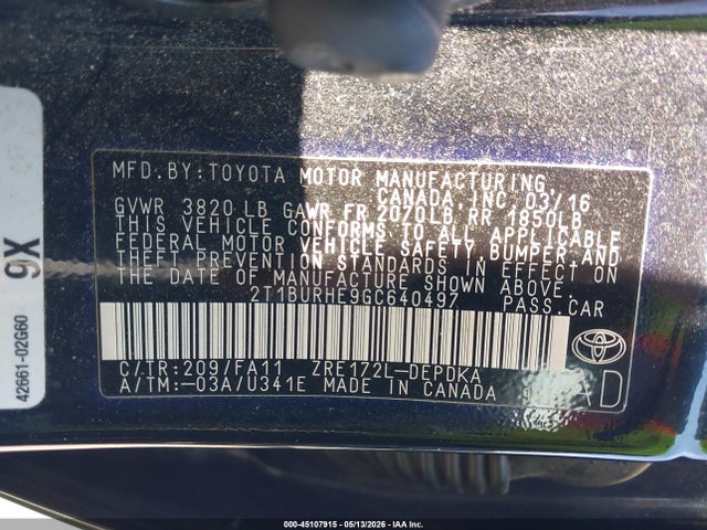 45107915 :رقم المزاد ، 2T1BURHE9GC640497 vin ، 2016 Toyota Corolla L مزاد بيع