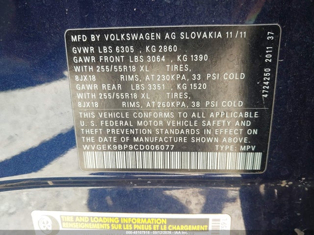 45107918 :رقم المزاد ، WVGEK9BP9CD006077 vin ، 2012 Volkswagen Touareg Tdi Sport مزاد بيع