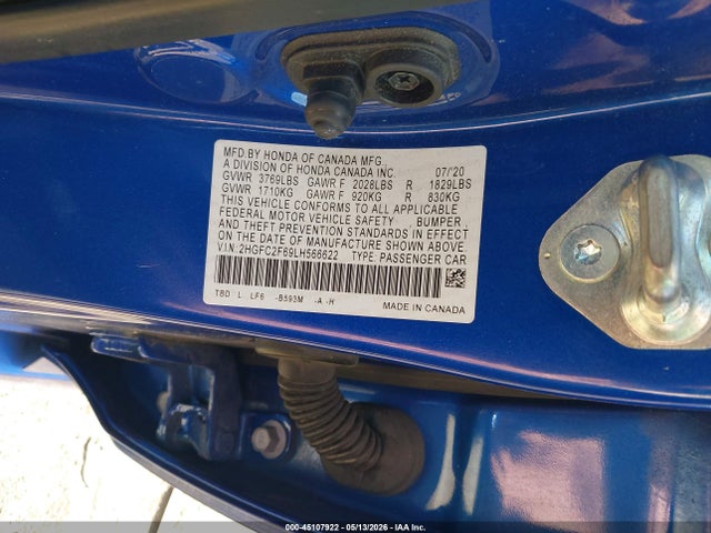 45107922 :رقم المزاد ، 2HGFC2F69LH566622 vin ، 2020 Honda Civic Lx مزاد بيع