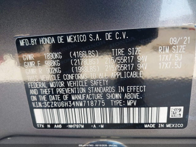 Продаж на аукціоні авто 2022 Honda Hr-v Awd Lx, vin: 3CZRU6H34NM718775, номер лоту: 45107953