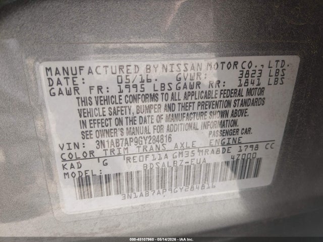 45107960 :رقم المزاد ، 3N1AB7AP9GY284816 vin ، 2016 Nissan Sentra Fe+ S/s/sl/sr/sv مزاد بيع
