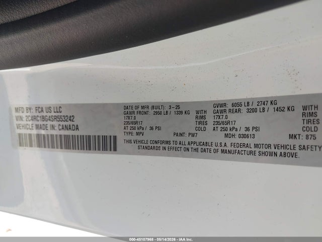 2025 Chrysler Pacifica Select მანქანა იყიდება აუქციონზე, vin: 2C4RC1BG4SR553242, აუქციონის ნომერი: 45107968
