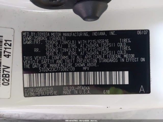 Aukcja sprzedaży 2007 Toyota Sienna Le, vin: 5TDZK23C77S082139, numer aukcji: 45107983