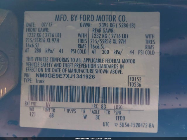Aukcja sprzedaży 2018 Ford Transit Connect Xl, vin: NM0GE9E7XJ1341926, numer aukcji: 45107992