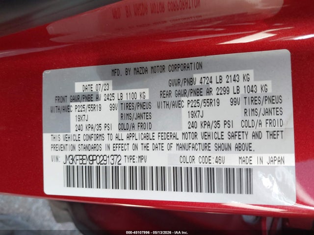 2023 Mazda Cx-5 2.5 S Premium Plus მანქანა იყიდება აუქციონზე, vin: JM3KFBEM9P0291372, აუქციონის ნომერი: 45107996