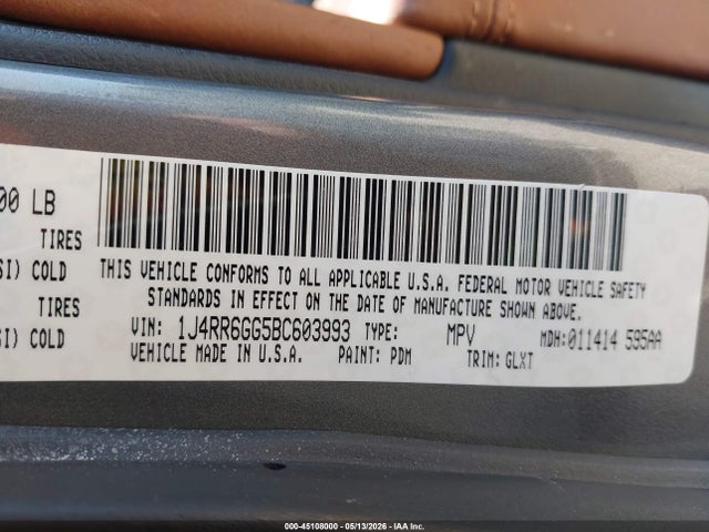 Aukcja sprzedaży 2011 Jeep Grand Cherokee Overland, vin: 1J4RR6GG5BC603993, numer aukcji: 45108000