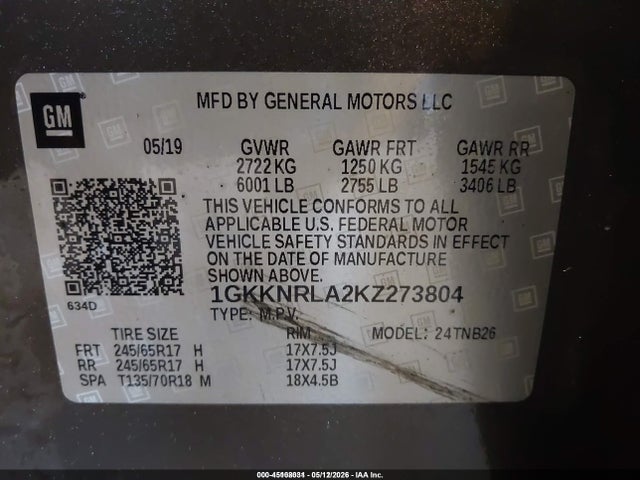 45108031 :رقم المزاد ، 1GKKNRLA2KZ273804 vin ، 2019 Gmc Acadia Sle-1 مزاد بيع