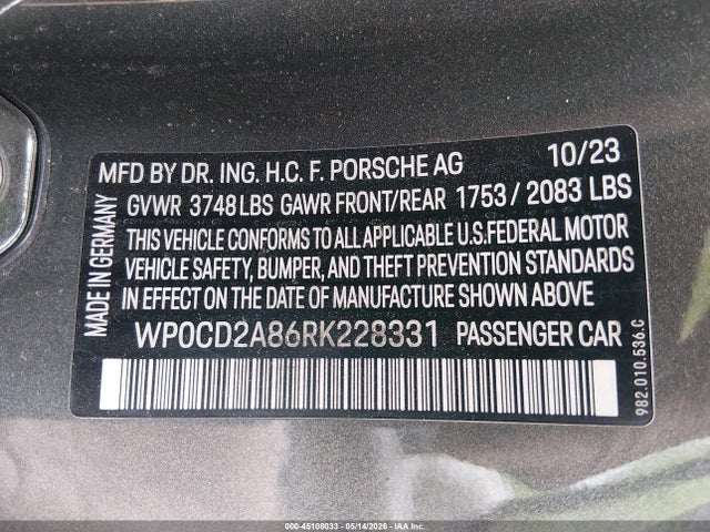 2024 Porsche 718 Boxster Gts 4.0 მანქანა იყიდება აუქციონზე, vin: WP0CD2A86RK228331, აუქციონის ნომერი: 45108033